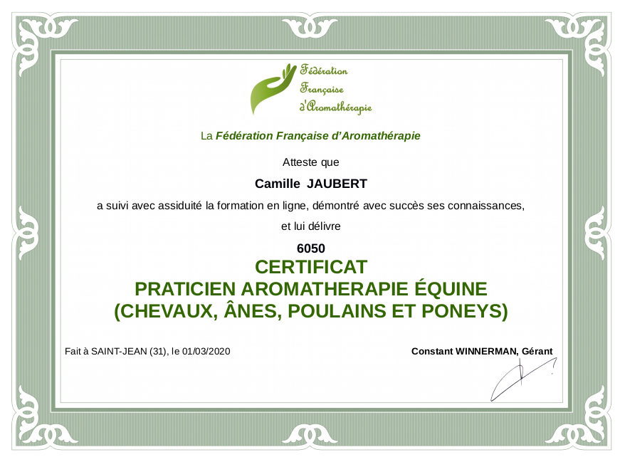 Certificat aromathérapie Camille Jaubert