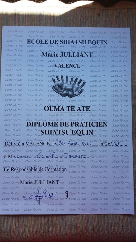 Diplôme shiatsu équin Camille Jaubert